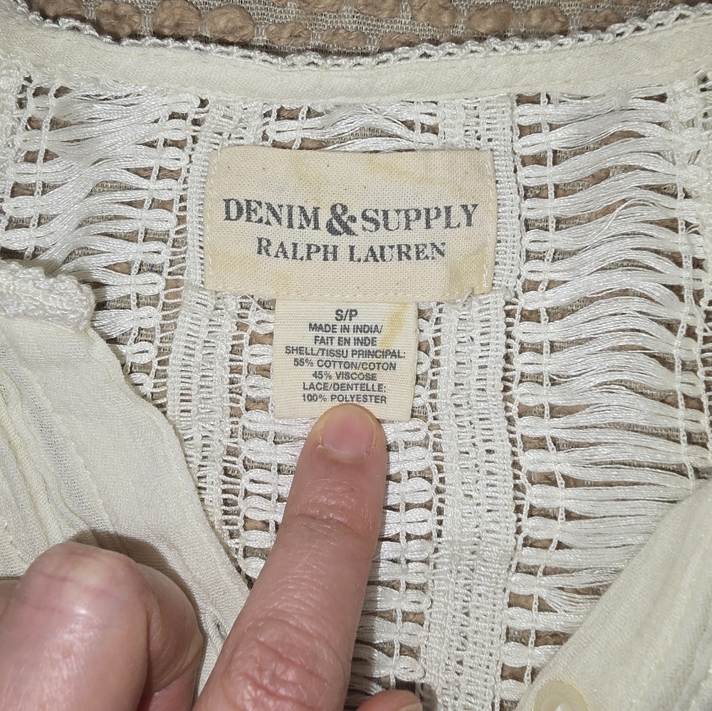 Denim & Supply Ralph Lauren Cream Crochet Trim Peasant Top  $125 Size Small - Picture 6 of 9